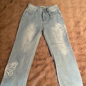 Butterfly Embroidered Light Blue Jeans